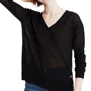 J. Crew V Neck Sweater Black Side Buttons Linen Blend Sheer Relaxed Fit Small